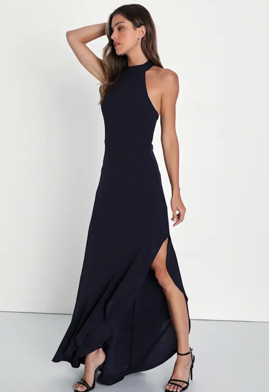 Lulus Majestic Perfection Navy Blue Ruffled Halter Maxi Dress sz S